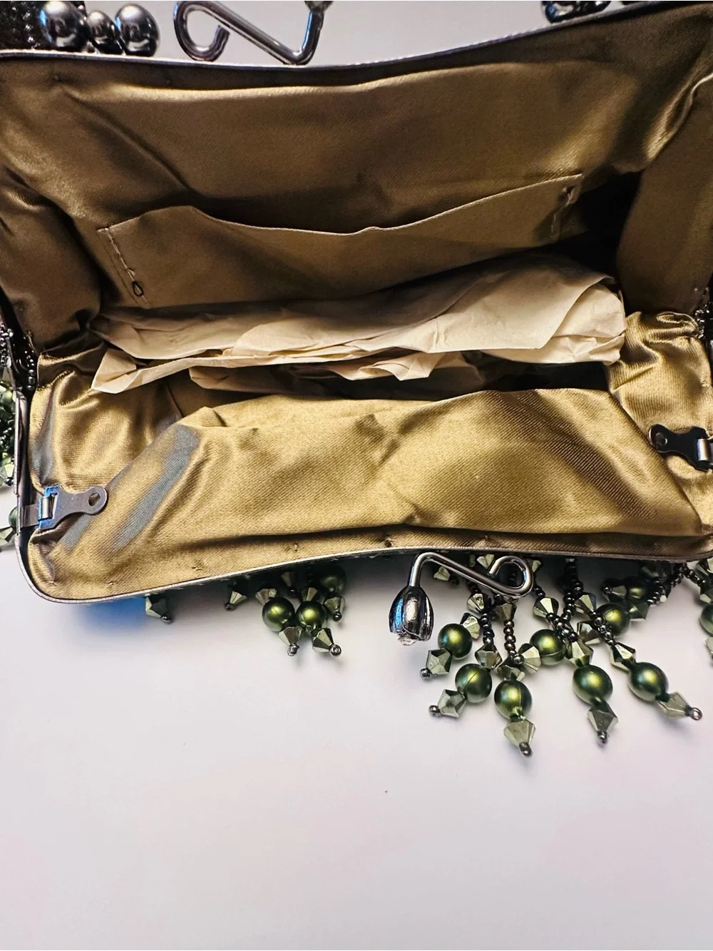 Olive Green Satin Beaded Mary Frances Inspired design Clutch/Purse with chain NW